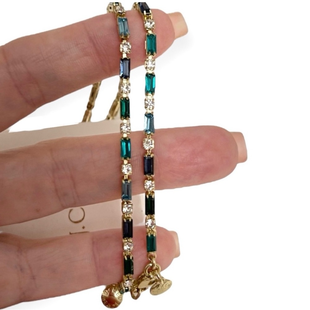 J. CREW Tennis Bracelets Baguette Round Crystal CZ Set of 2 Blue Green Clear NWT